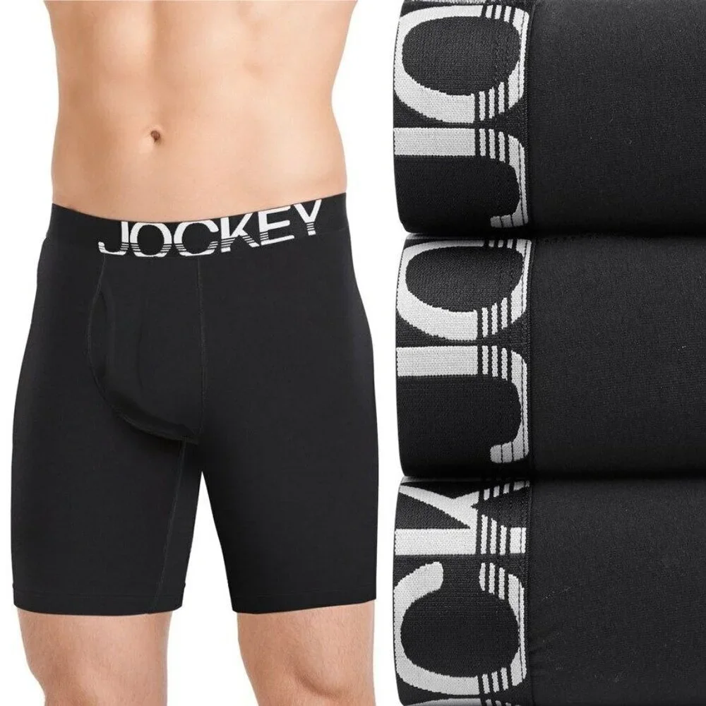 Jockey 4 Pack Activestretch Black Cotton Stretch Long Leg Boxer Brief NEW Medium